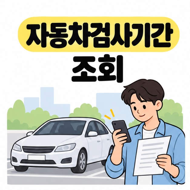 자동차검사기간 조회 제목 아래 주차된 승용차 옆에서 스마트폰과 안내 서류를 확인하는 남성