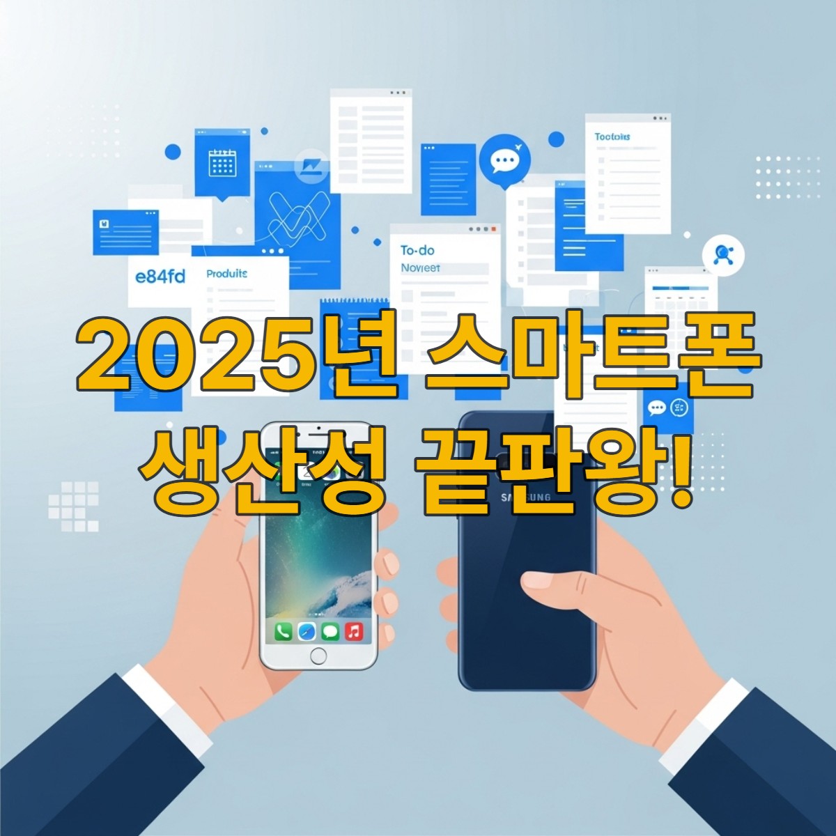 2025년 아이폰과 갤럭시를 활용해 생산성을 극대화하는 사용자의 모습, 스마트 스택과 AI 기능으로 효율적인 업무를 처리하는 장면.