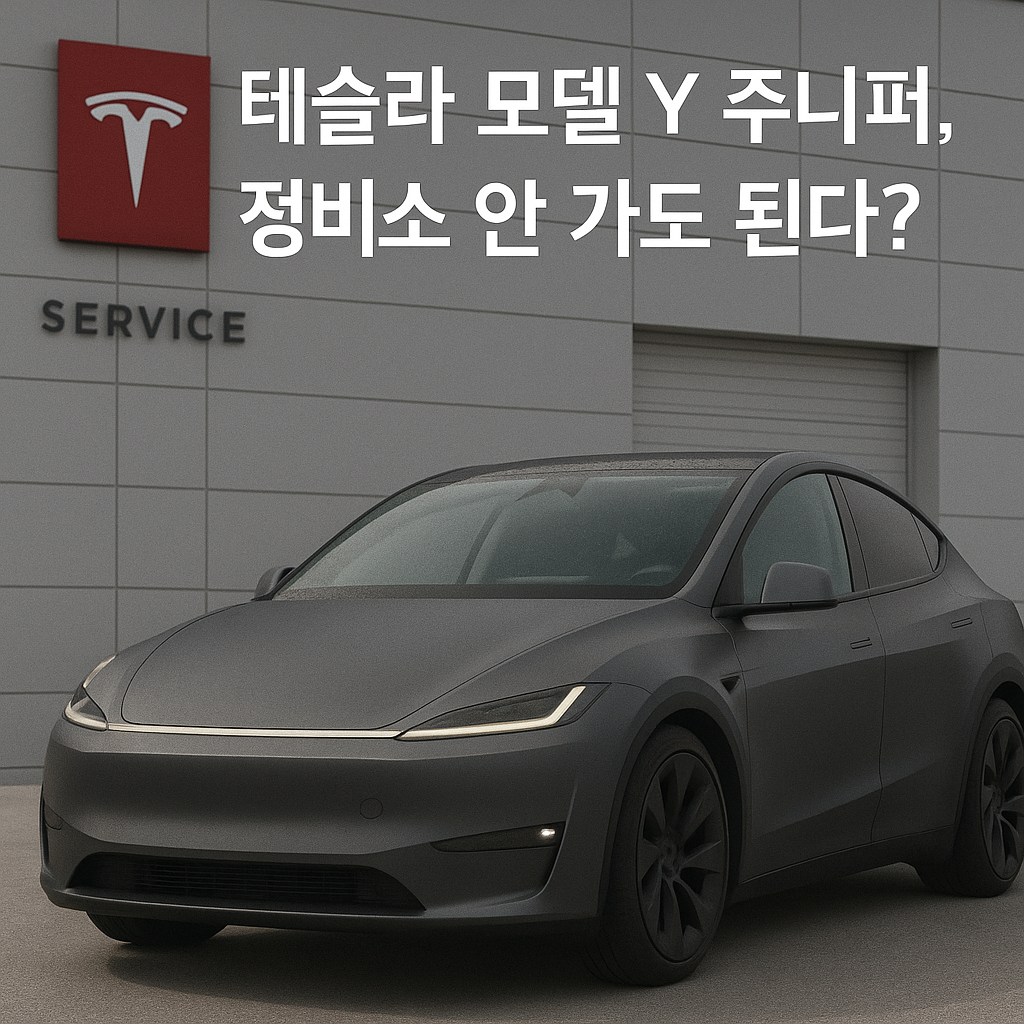 테슬라 모델Y 주니퍼 사진과 테슬라 정비소 안 가도 된다? 라고 쓰여진 포스터