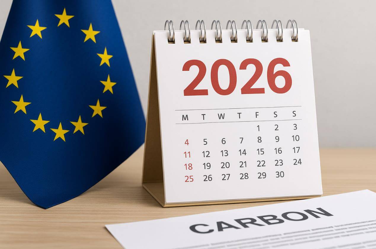2026년 달력 앞에 유럽연합(EU) 깃발과 탄소 관련 문서.