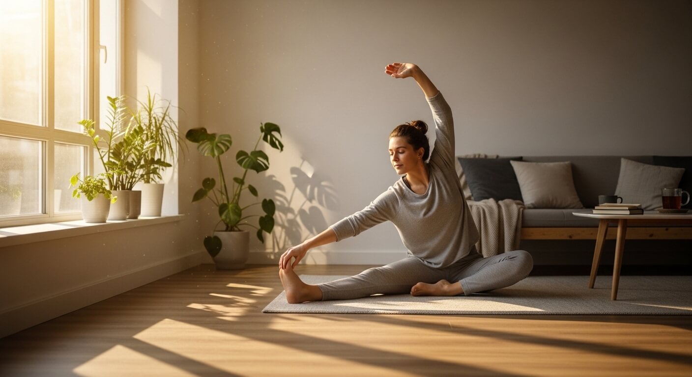 집 안에서 편안한 옷차림으로 스트레칭을 하는 여성