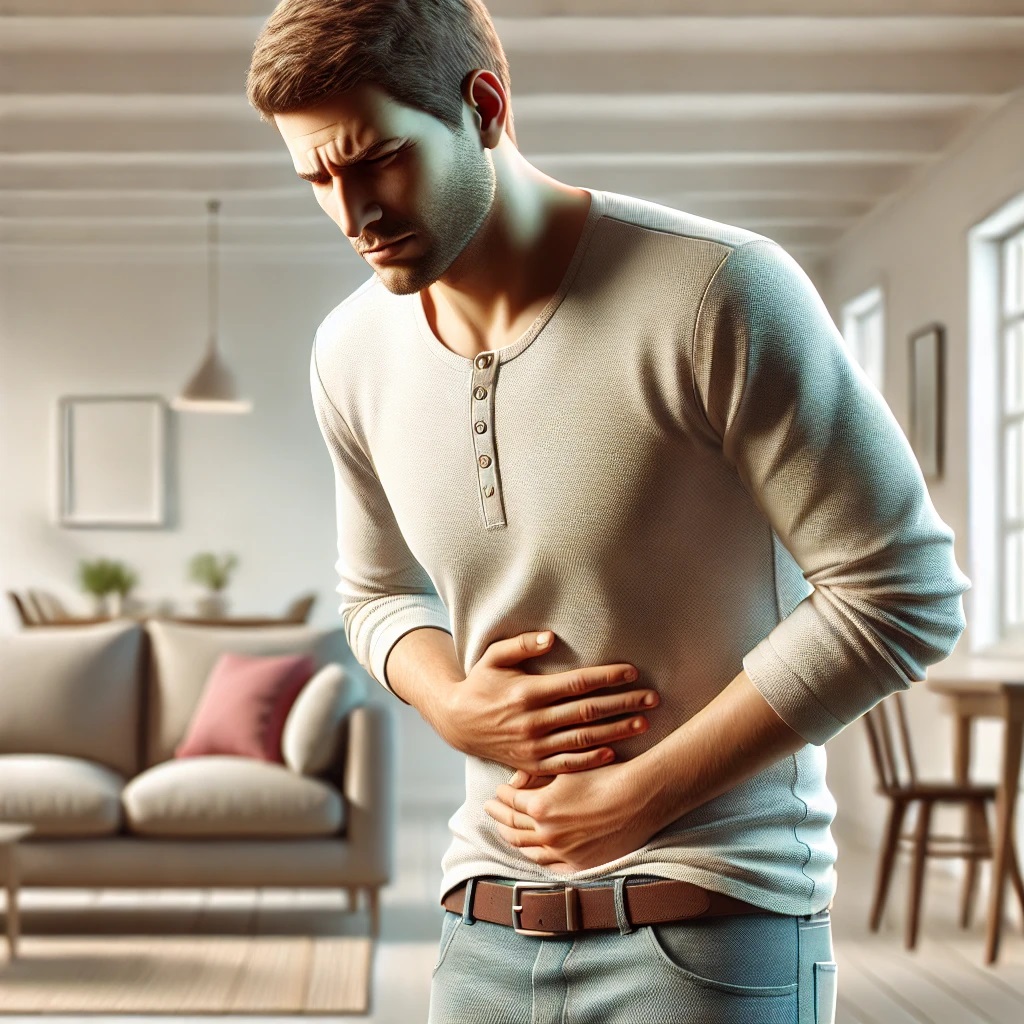 왼쪽 아랫배 통증을 느끼는 남성이 집에서 아픈 표정으로 서 있는 모습