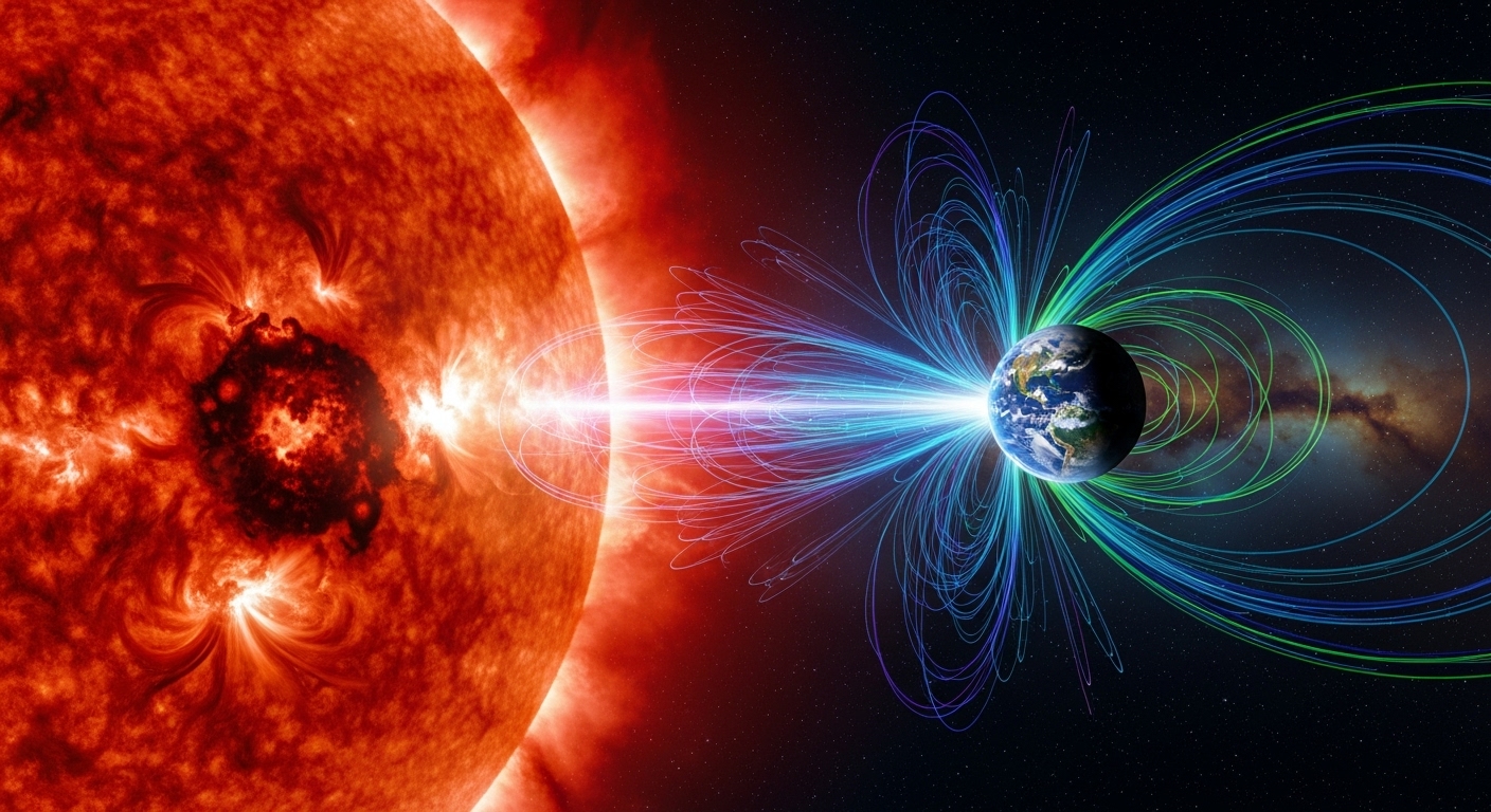 An epic, vibrant illustration of the sun with dramatic sunspots and a massive solar flare erupting towards a stylized Earth, showing the Earth's magnetic field deflecting the energy. Digital art style, with a sense of immense scale and power.