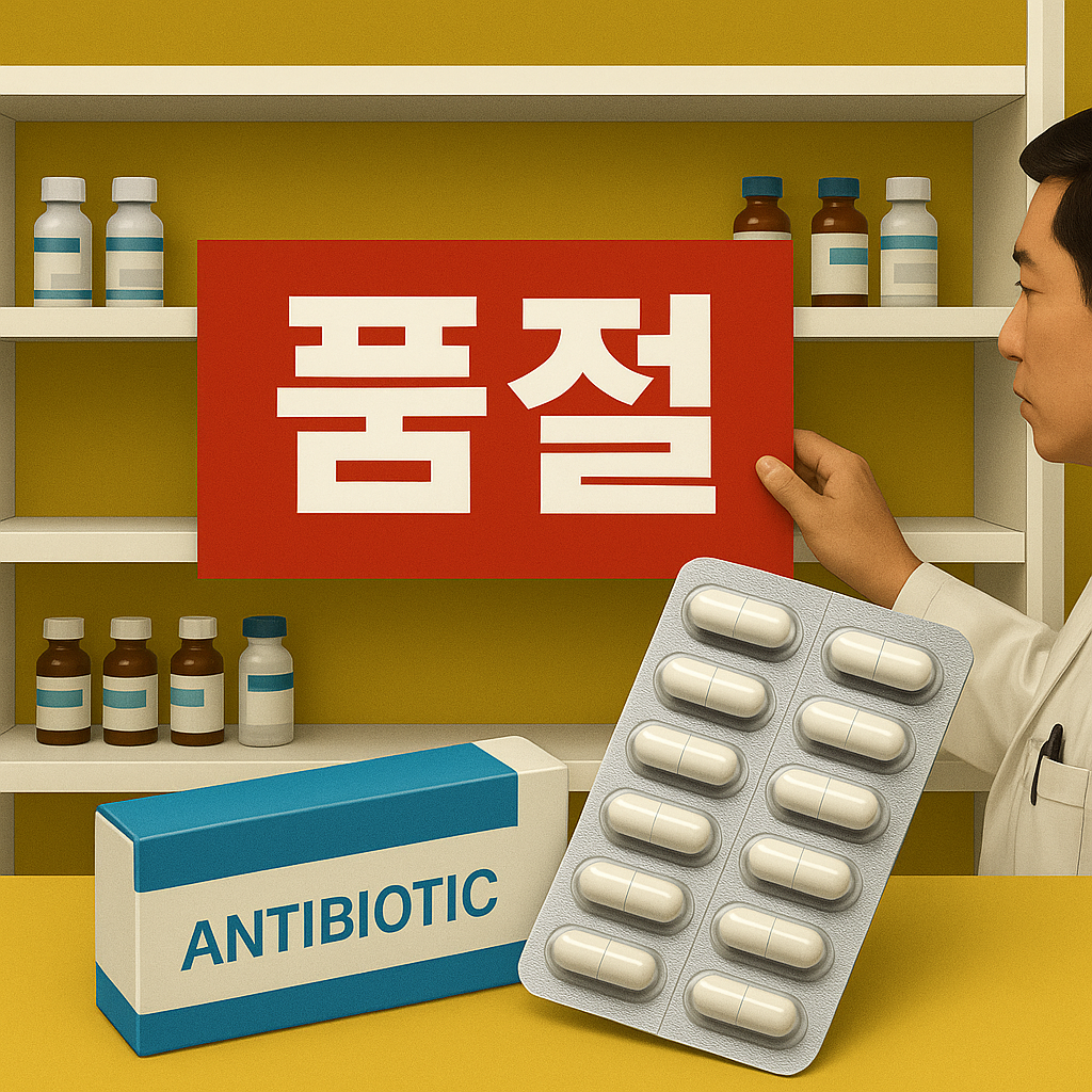 &ldquo;약국 진열대가 비어 있고 &lsquo;품절&rsquo; 안내판과 항생제를 상징하는 약 블리스터가 함께 배치된 감기약 부족 상황을 표현한 인포그래픽 이미지&rdquo;