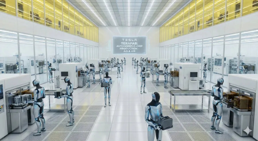 테라팹(Terafab) : AI5, AI6 칩을 옵티머스 로봇들이 완전자율로 생산되는 반도체 제조공장 상상도