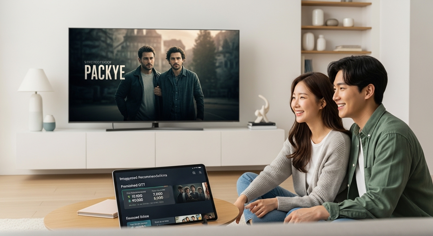 한국인 부부가 거실에서 OTT 콘텐츠를 시청하며, 태블릿으로 통합 앱의 구독료 절약 및 추천 기능을 확인하는 모습.