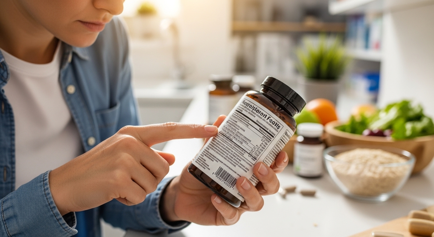 면역력 영양제 구매 전 성분표와 효능을 꼼꼼하게 확인하는 소비자의 모습.