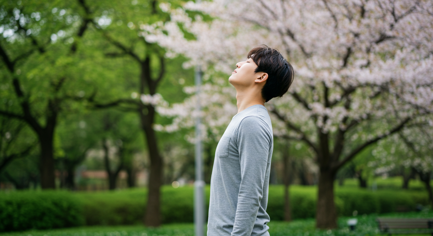 한국인 남성이 도시 공원에서 호흡법을 실천하며 회복탄력성과 스트레스 관리 능력을 기르는 장면, 마음챙김 명상과 정신건강 관리