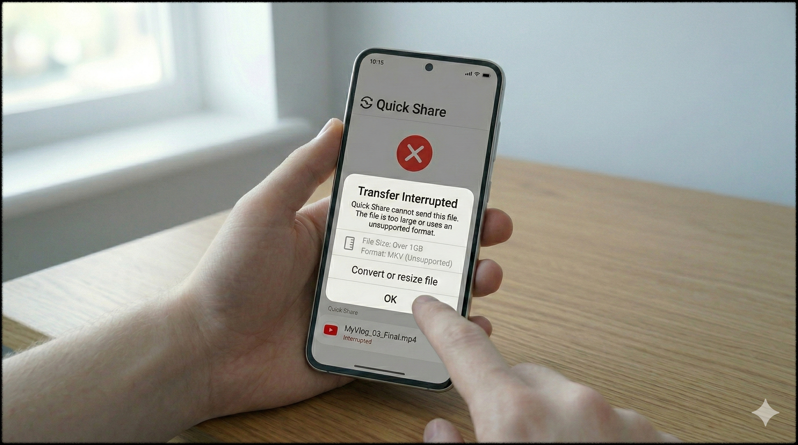 지원되지 않는 파일 형식 또는 큰 용량으로 Quick Share 전송이 실패한 모습