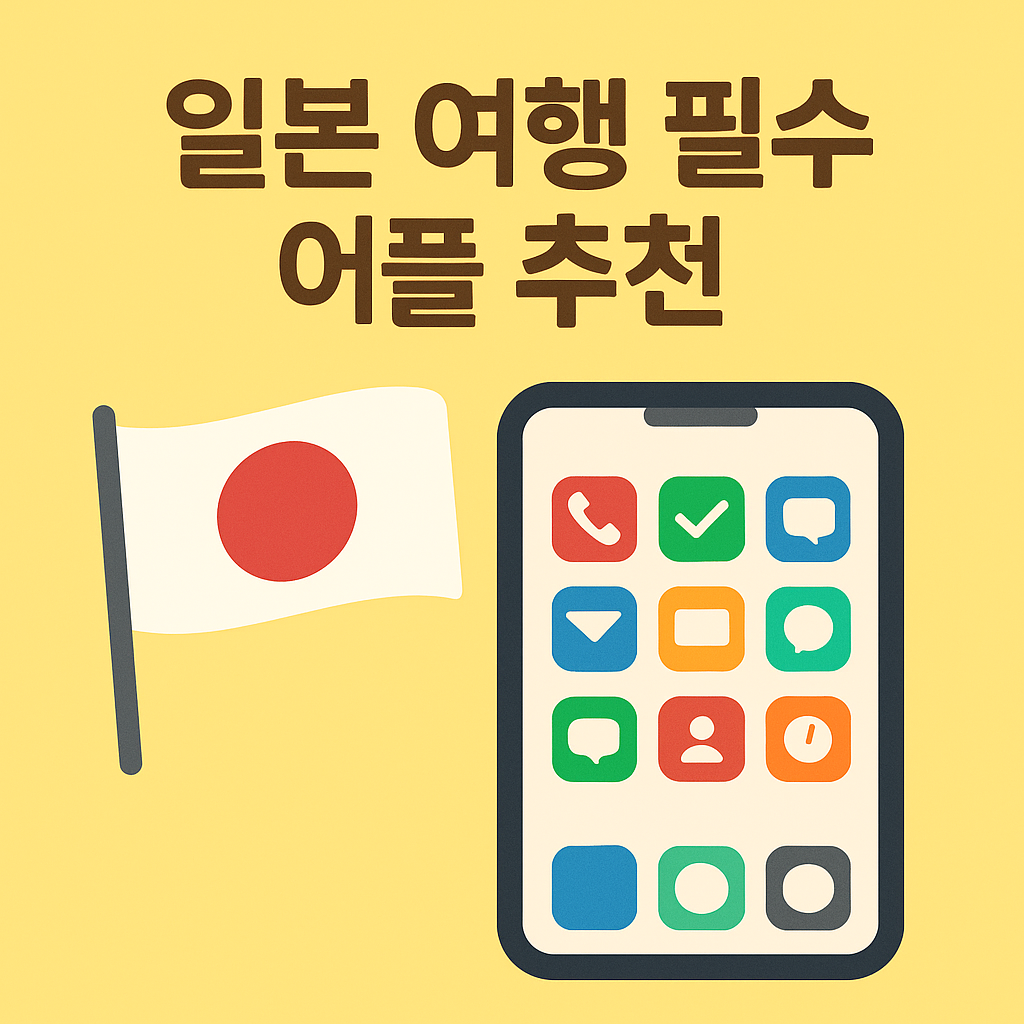 일본 여행 필수 어플 추천을 안내하는 한글 썸네일 이미지. 노란 배경에 일본 국기와 다양한 앱 아이콘이 표시된 스마트폰 일러스트 포함