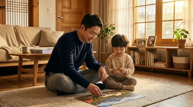 예민한 기질 아이와 아빠가 함께 퍼즐을 맞추는 모습