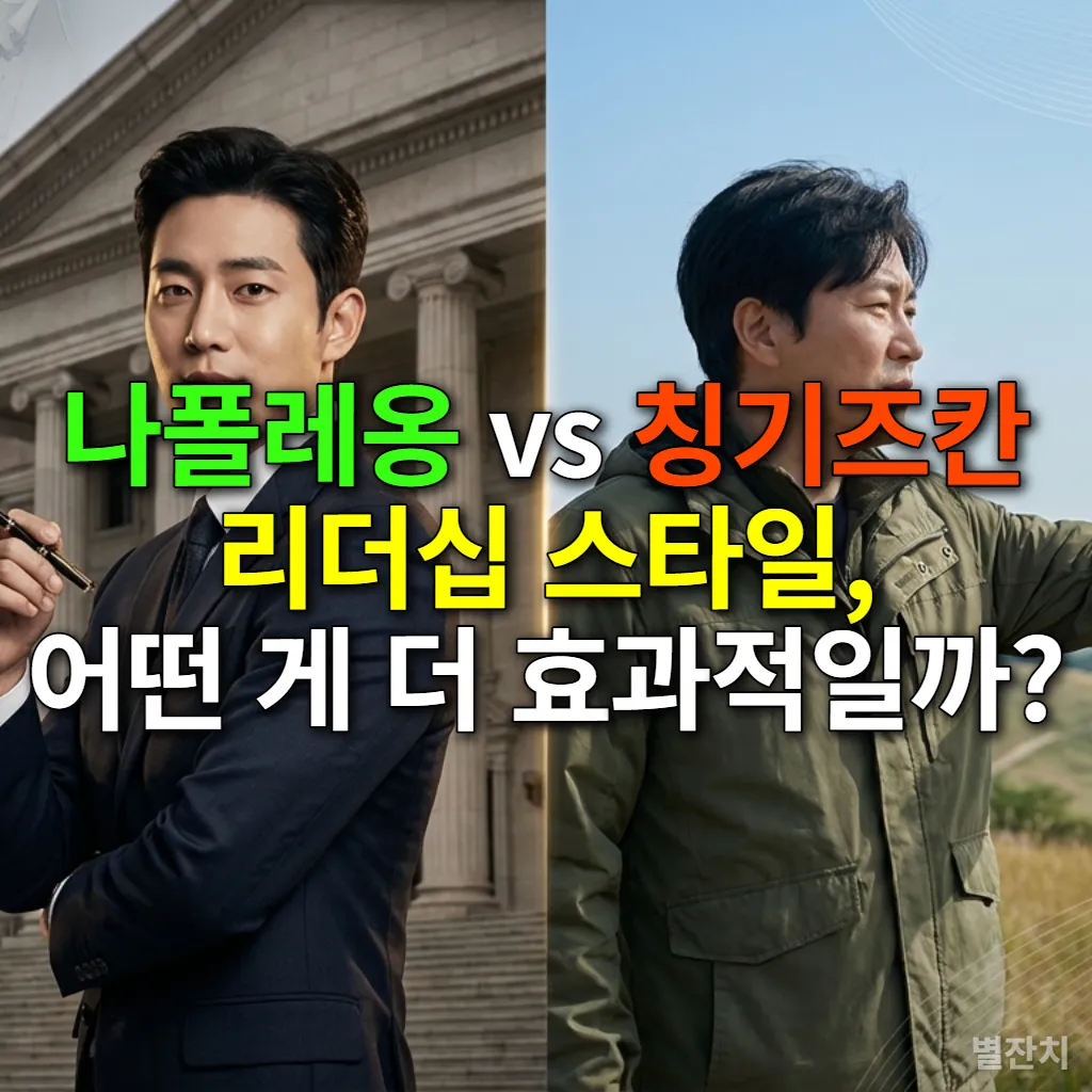 나폴레옹과 칭기즈칸의 리더십 스타일을 대비하는 이미지. 한쪽은 카리스마 넘치는 현대적 리더, 다른 한쪽은 유연한 분권형 리더의 모습을 한국적인 배경에서 표현.