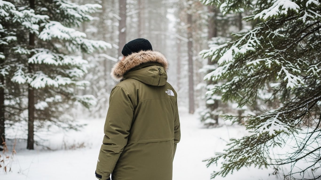 퍼 후드가 달린 카키색 노스페이스 야상 패딩을 입고 눈 내리는 숲속에 서 있는 모델의 뒷모습