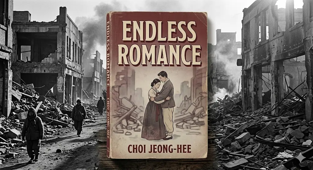 최정희 작가의 끝없는 낭만 도서 표지와 1950년대 전후 복구 시기의 흑백 사진이 겹쳐진 모습