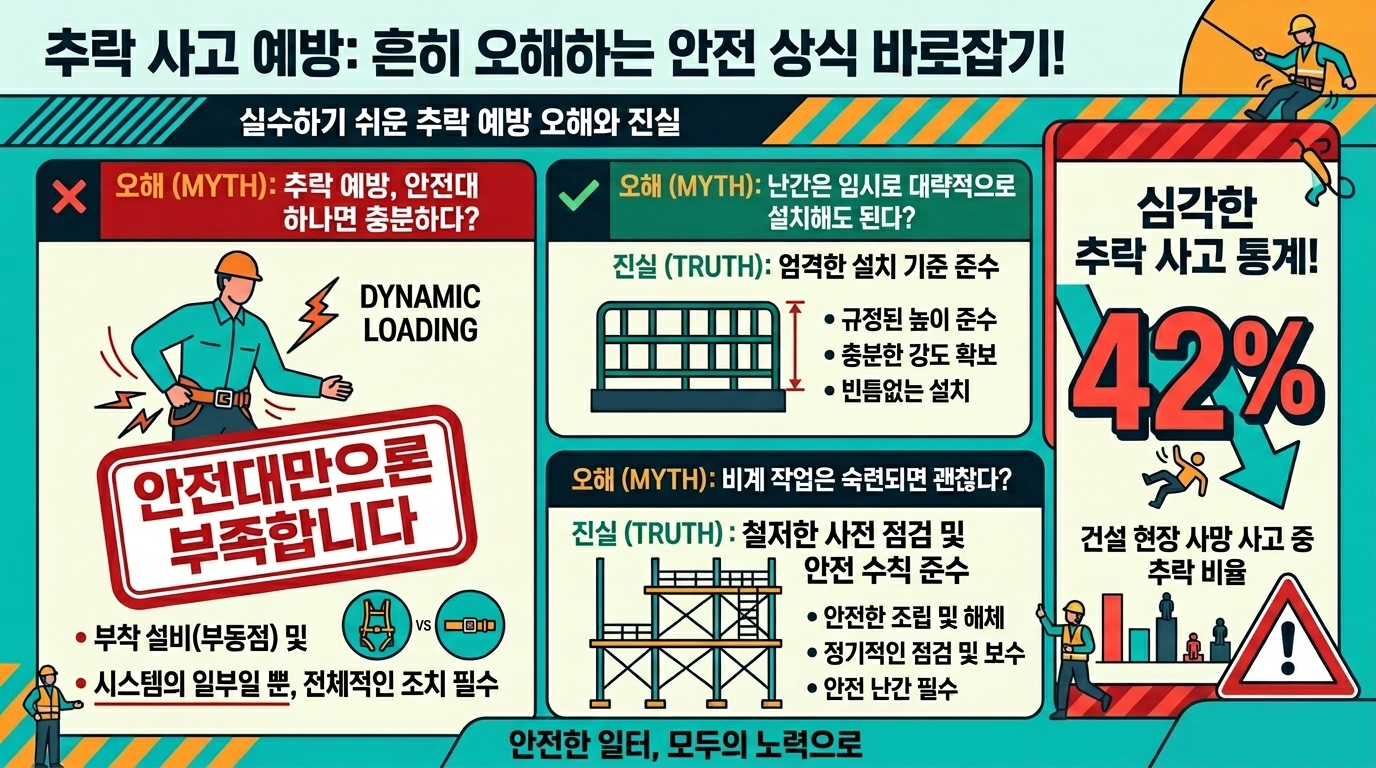 추락사고 예방 3가지 기준 &mdash; 안전난간&middot;추락방호망&middot;개구부 덮개 핵심 정리 인포그래픽