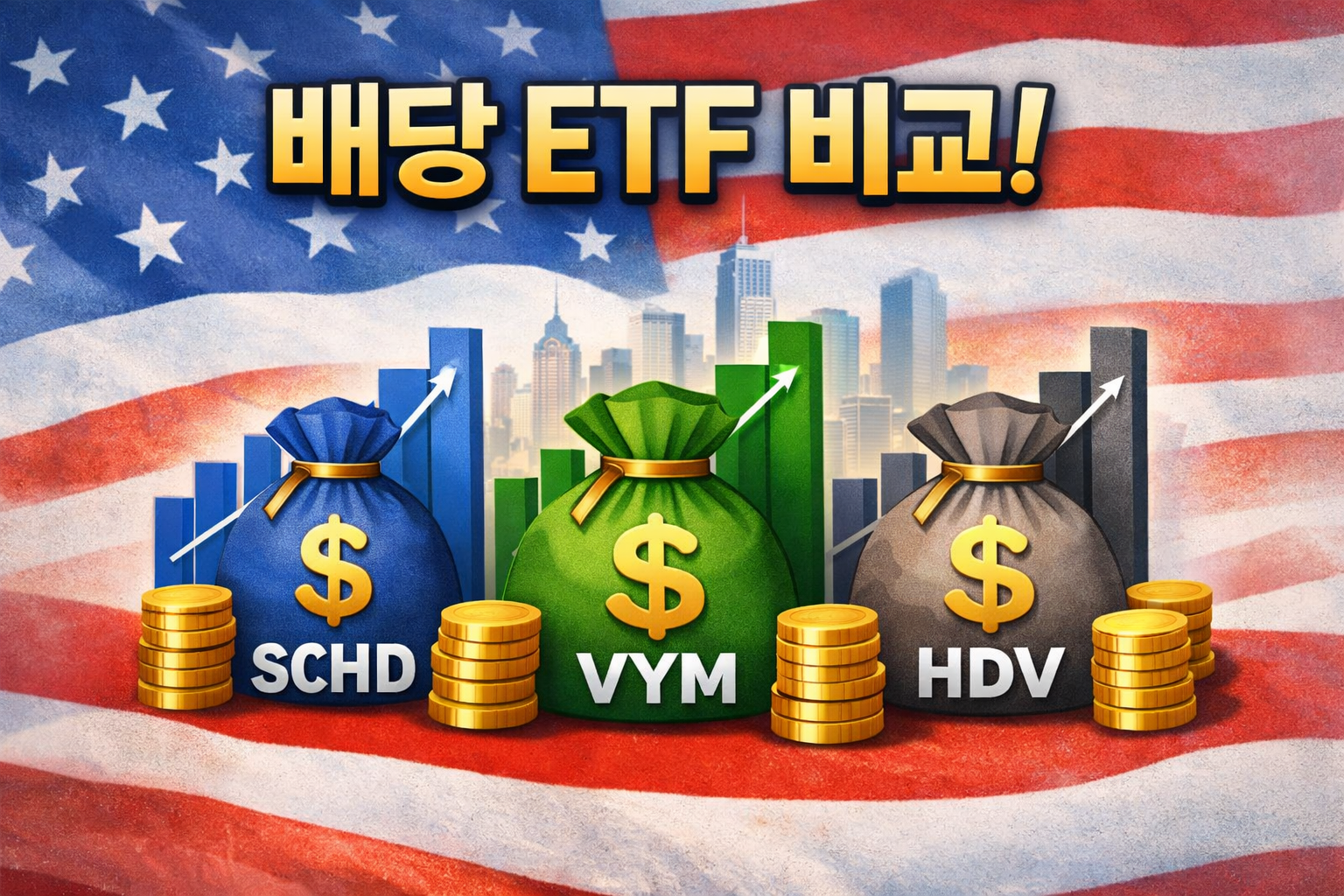미국 국기 배경 위에 SCHD, VYM, HDV가 각각 표시된 돈주머니와 그래프가 배치되고, 상단에 배당 ETF 비교 문구가 들어간 미국 배당 ETF 비교 썸네일