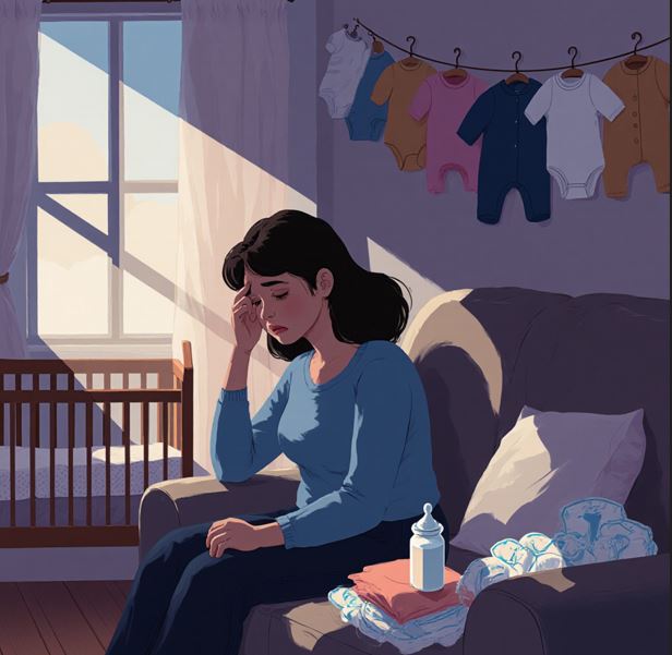 출산 후 피곤하고 우울해 보이는 엄마가 소파나 앉아 깊은 생각에 잠긴 모습