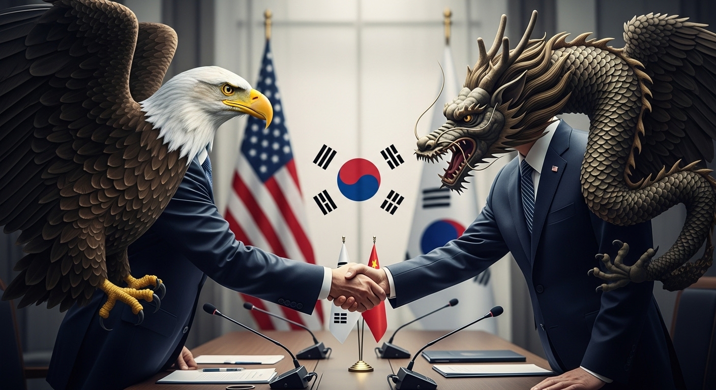 미국과 중국 정상이 악수하며 양국 관계 개선을 시사하는 상징적인 장면, 그 사이에 한국의 중재 역할을 암시하는 요소가 배치된 모습.