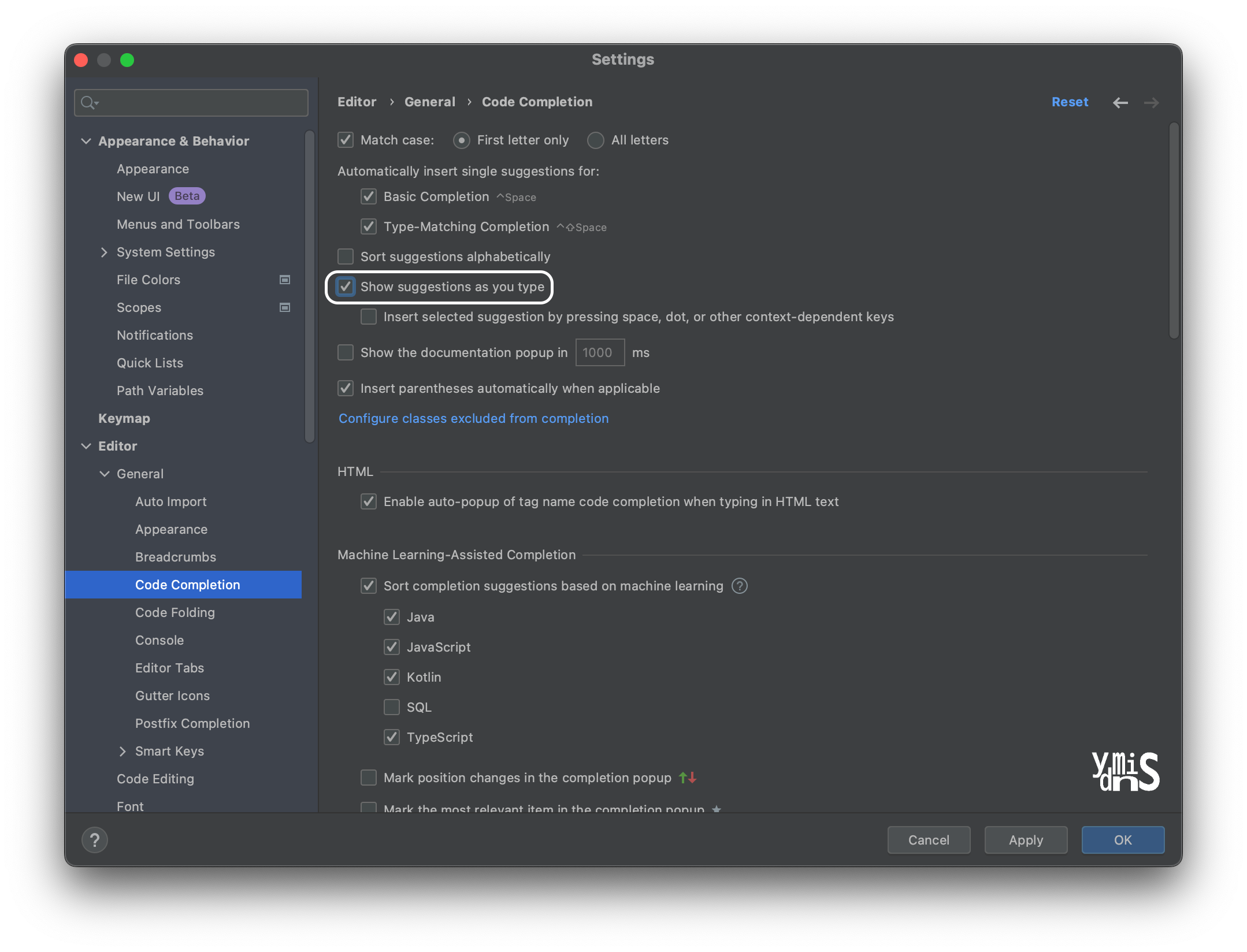 인텔리제이 세팅에서 자동완성기능이 켜진 상태모습이다.
