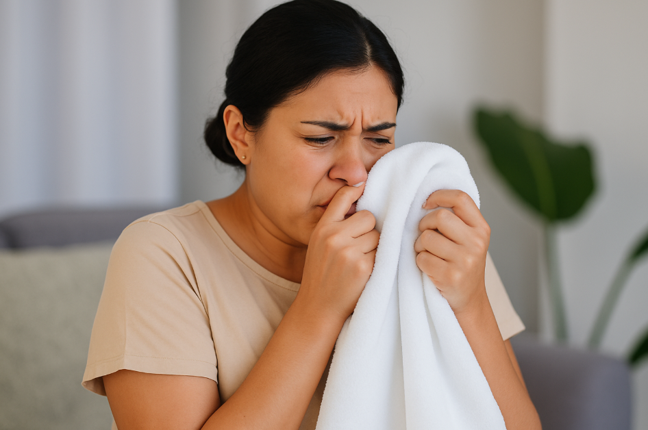 수건 쉰냄새 맡은 여자 이미지