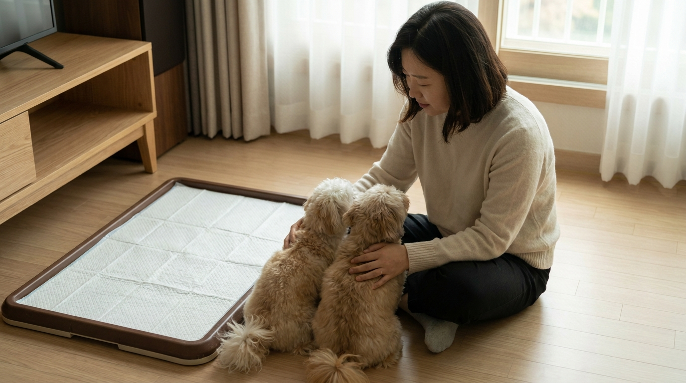 세탁실에서 반려동물 매트를 너는 남성