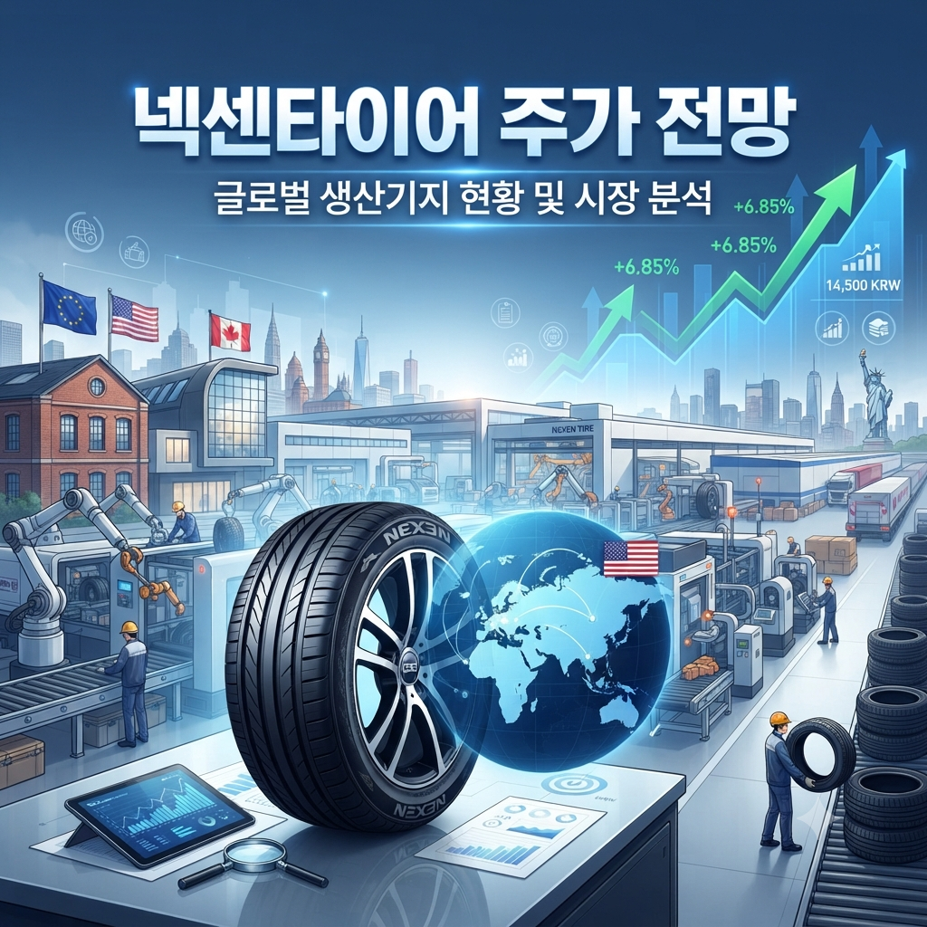 넥센타이어의 글로벌 생산기지와 타이어 제품을 보여주는 이미지