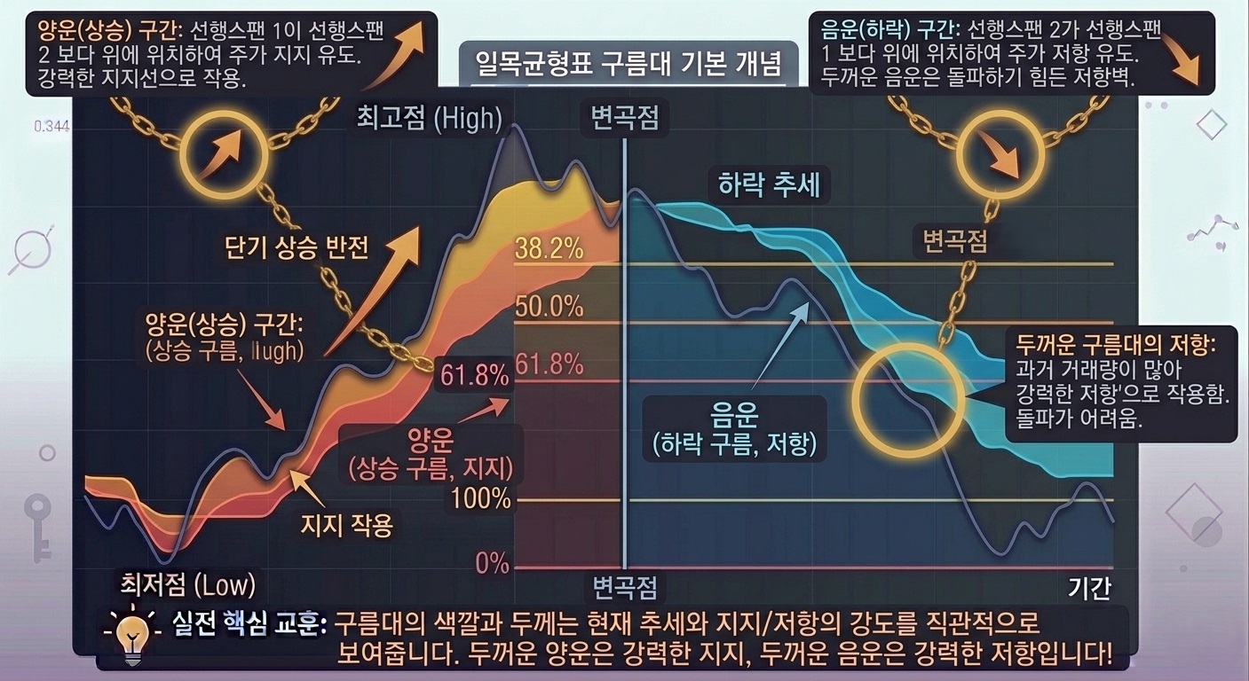 일목균형표 양운(상승) vs 음운(하락) 구름대 두께 저항 개념도