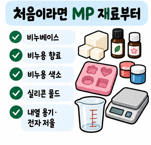 MP 비누를 처음 만들 때 필요한 비누베이스와 몰드, 향료, 색소, 내열 용기와 전자저울을 보여주는 카드
