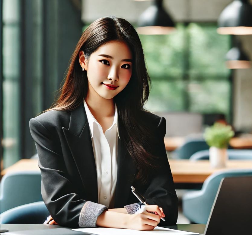 20대의 멋진 여성이 사무실에서 일을 하고 있다