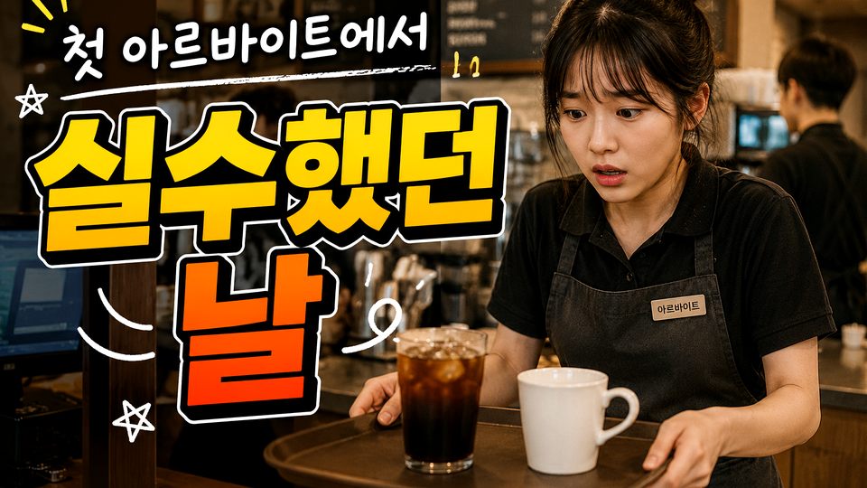 검은 앞치마를 입은 젊은 아르바이트생이 카페에서 긴장한 표정으로 음료 쟁반을 들고 있는 모습