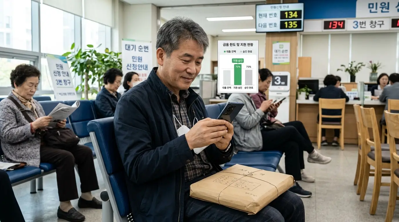 동네 행정복지센터 대기석에서 50대 남성이 스마트폰으로 금융 지원 한도 그래프를 확인하는 일상적인 풍경