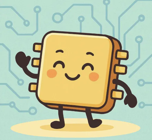 귀엽고 환한 표정으로 손을 흔드는 트랜스몬 큐비트 캐릭터. 노란 칩 형태로 의인화되어 회로 배경 위에 서 있으며, 긍정적이고 친근한 분위기를 연출한다.