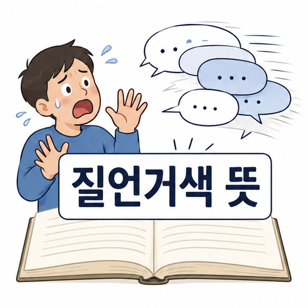 급박한 상황에서 말이 빨라지고 얼굴에 당황한 기색이 나타나는 모습으로 질언거색의 뜻을 표현한 이미지
