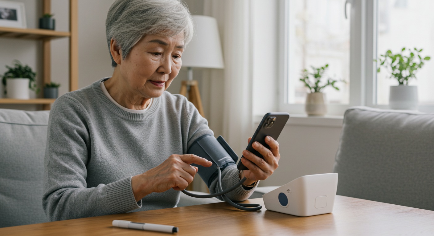 가정에서 혈압을 측정하고 기록하는 노인의 모습, 태블릿으로 건강관리 앱을 사용하는 장면
