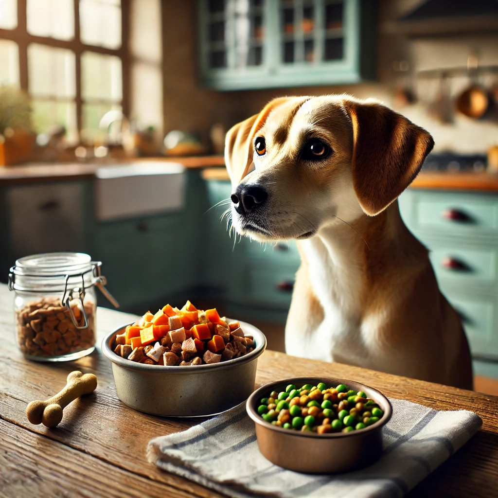부엌이 배경인 식탁 위에 강아지가 좋아하는 고기 및 당근 종류로 보이는 음식과 야채로 보이는 음식들이 놓여져 있고 강아지 한마리가 앉아서 기다리고 있음