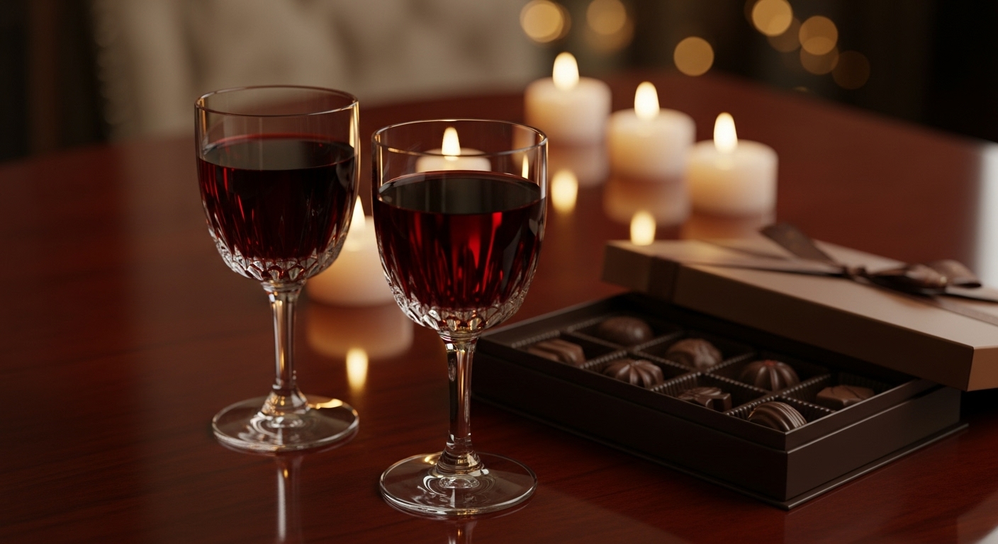 발렌타인데이 분위기를 위한 와인과 초콜릿 페어링 이미지