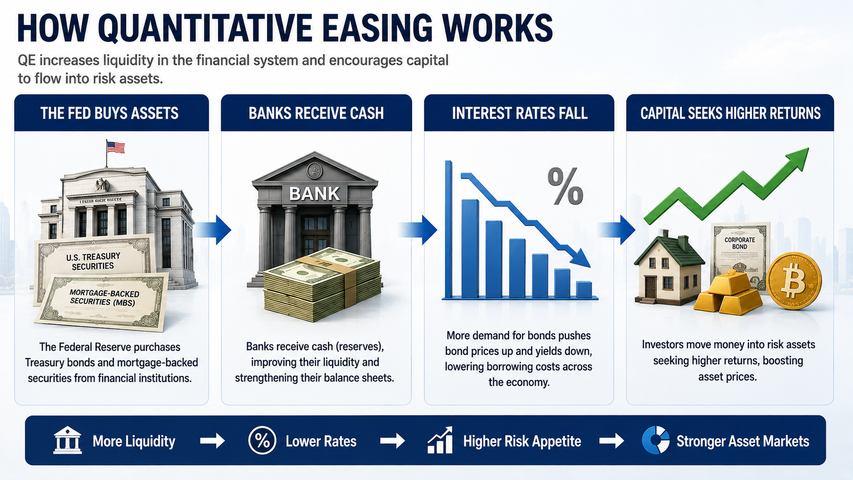 How Quantitative Easing works through asset purchases lower interest rates increased liquidity and capital flows into risk assets