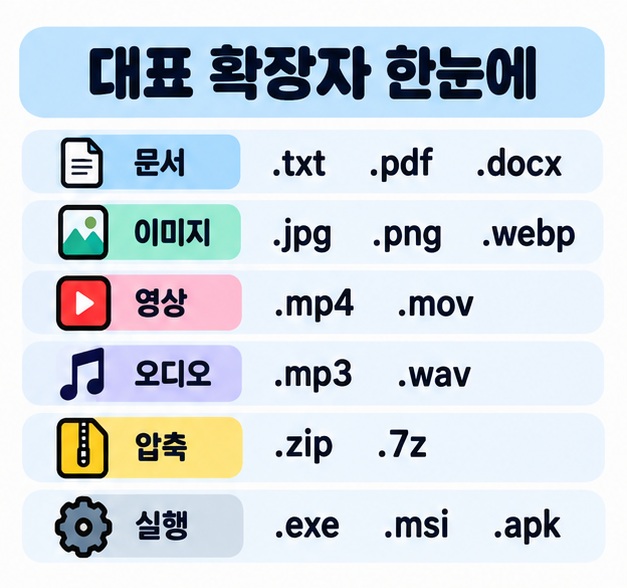 txt pdf docx jpg png mp4 mp3 zip exe를 문서 이미지 영상 오디오 압축 실행 파일로 나눠 보여주는 카드