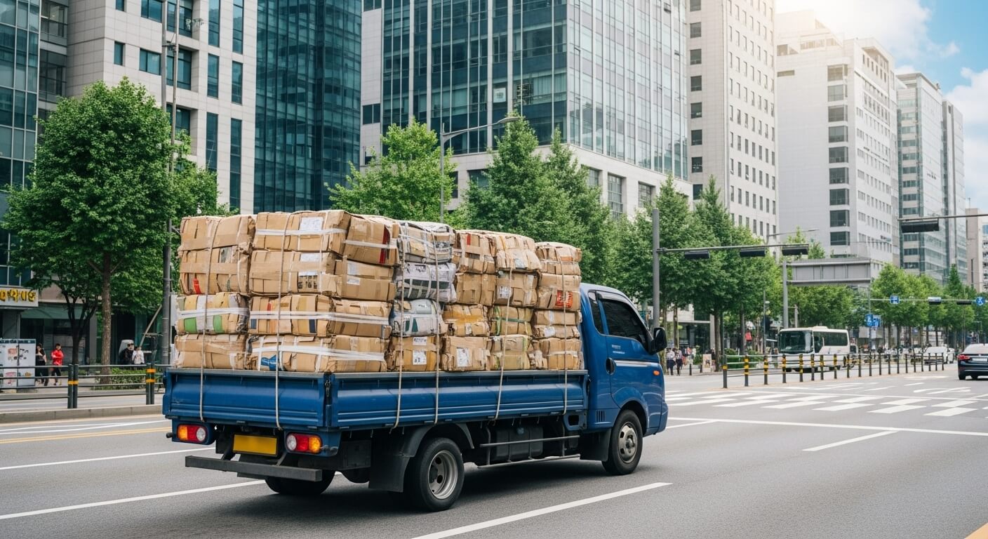 대도시 도로에서 폐지를 가득 실은 파란 트럭이 이동하는 모습