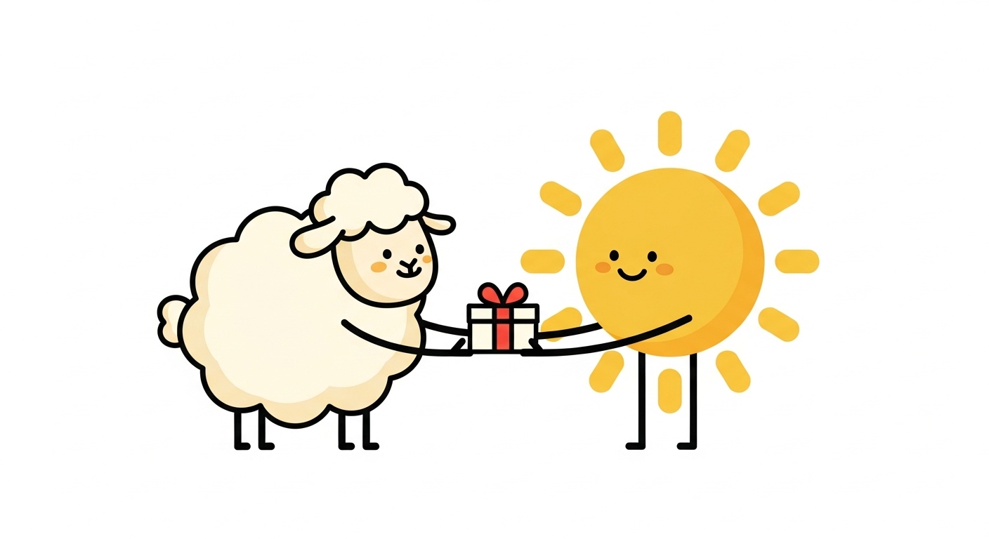 태양 캐릭터에게 선물을 받으며 귀인의 도움과 행운을 누리는 양 캐릭터 일러스트