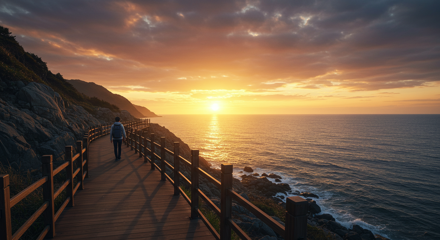 절벽 위 데크길에서 바다와 맞닿은 오륙도 산책로