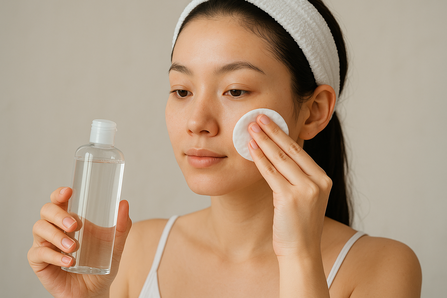 여성이 토너를 솜에 묻혀 얼굴에 바르고 있는 이미지