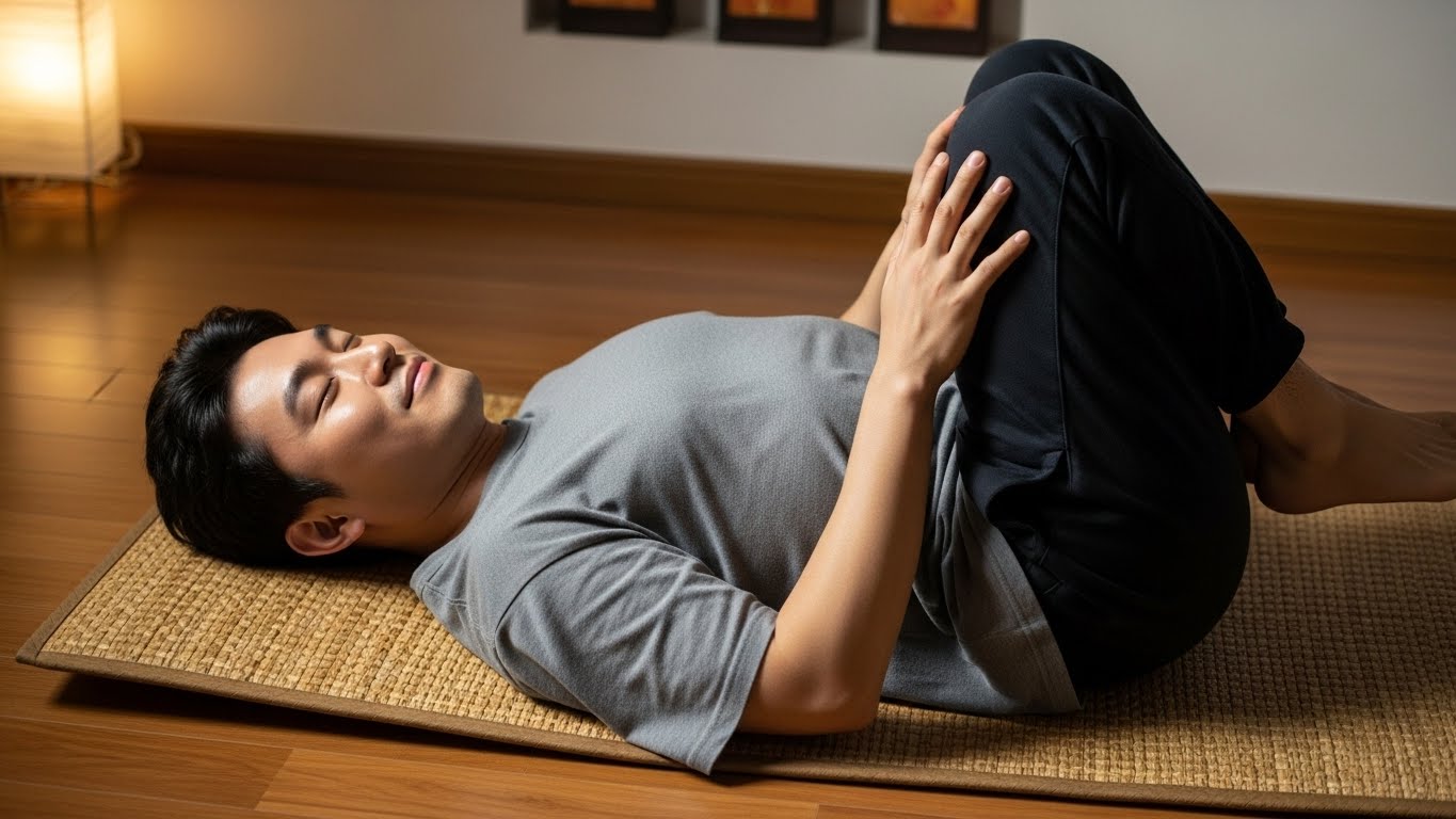 척추관을 넓혀 통증을 줄여주는 굴곡 운동인 누워서 무릎 당기기 자세를 취하는 한국인