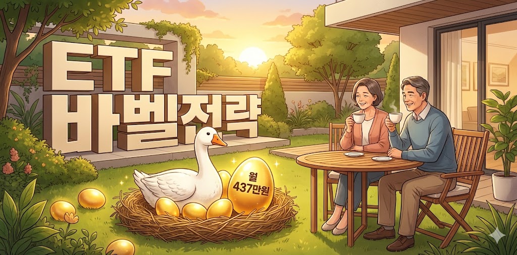 평화로운 전원주택 앞 마당, 인자한 표정의 거위가 '월 437만 원'이라고 적힌 황금 알을 낳고 있고, 그 옆에서 흐뭇하게 커피를 마시는 중년 부부의 모습