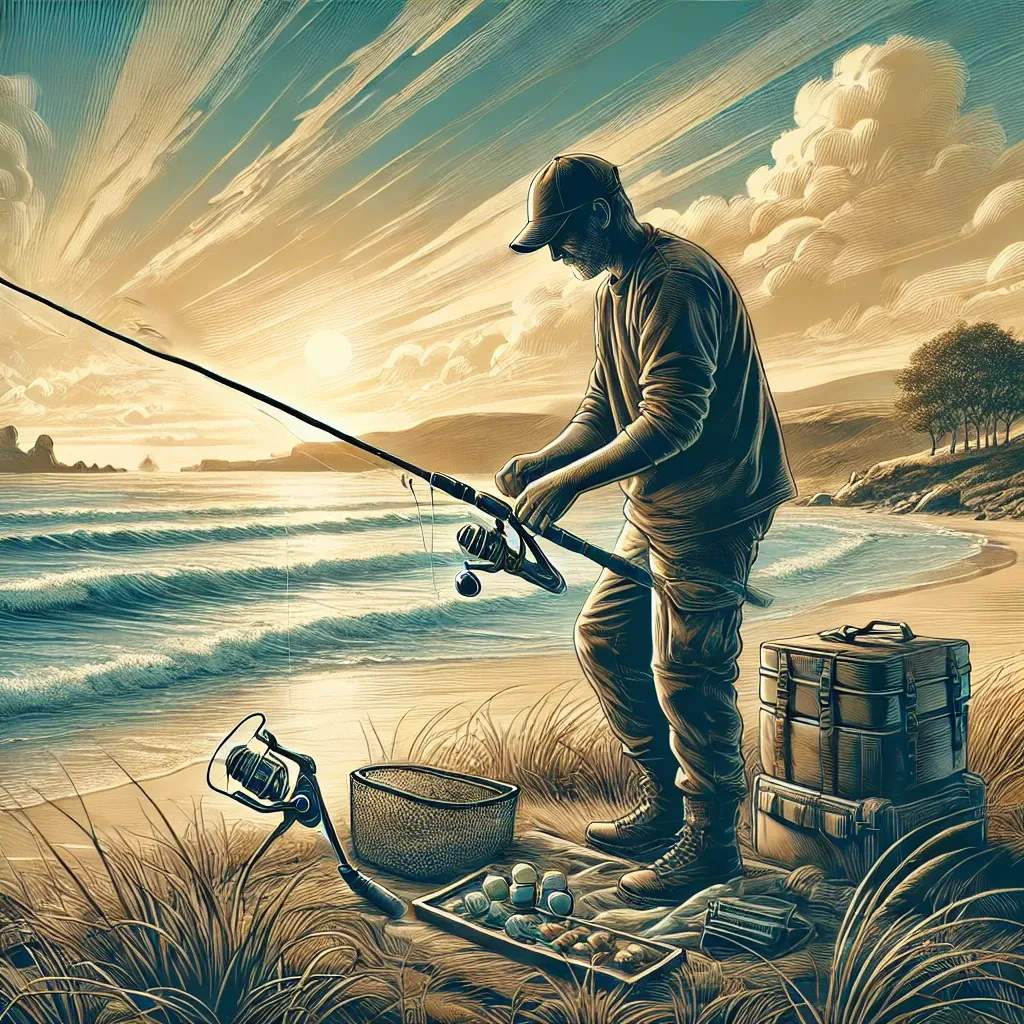 바닷가에서 낚시 채비를 준비하는 모습