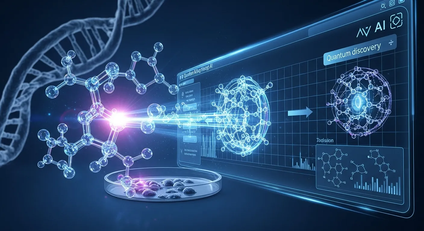 양자 영감 AI가 신약 개발을 가속화하는 모습, 복잡한 분자 구조를 분석하는 홀로그램 인터페이스