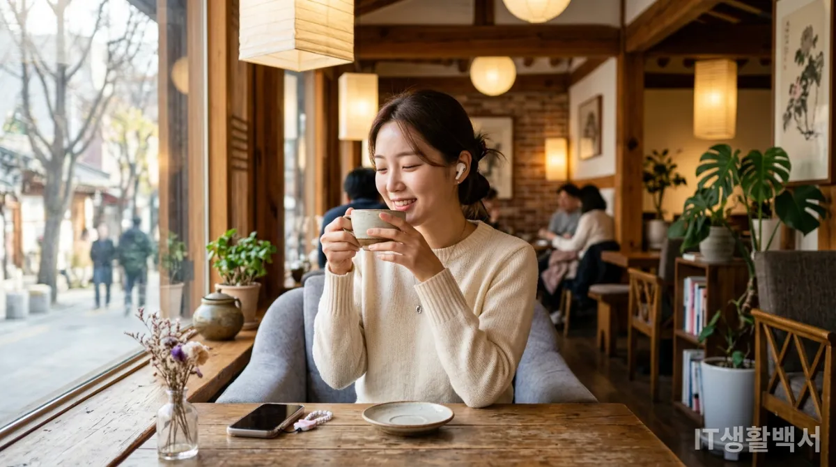 모던한 한국 카페에서 무선 이어폰으로 음악을 듣고 커피를 마시는 사람