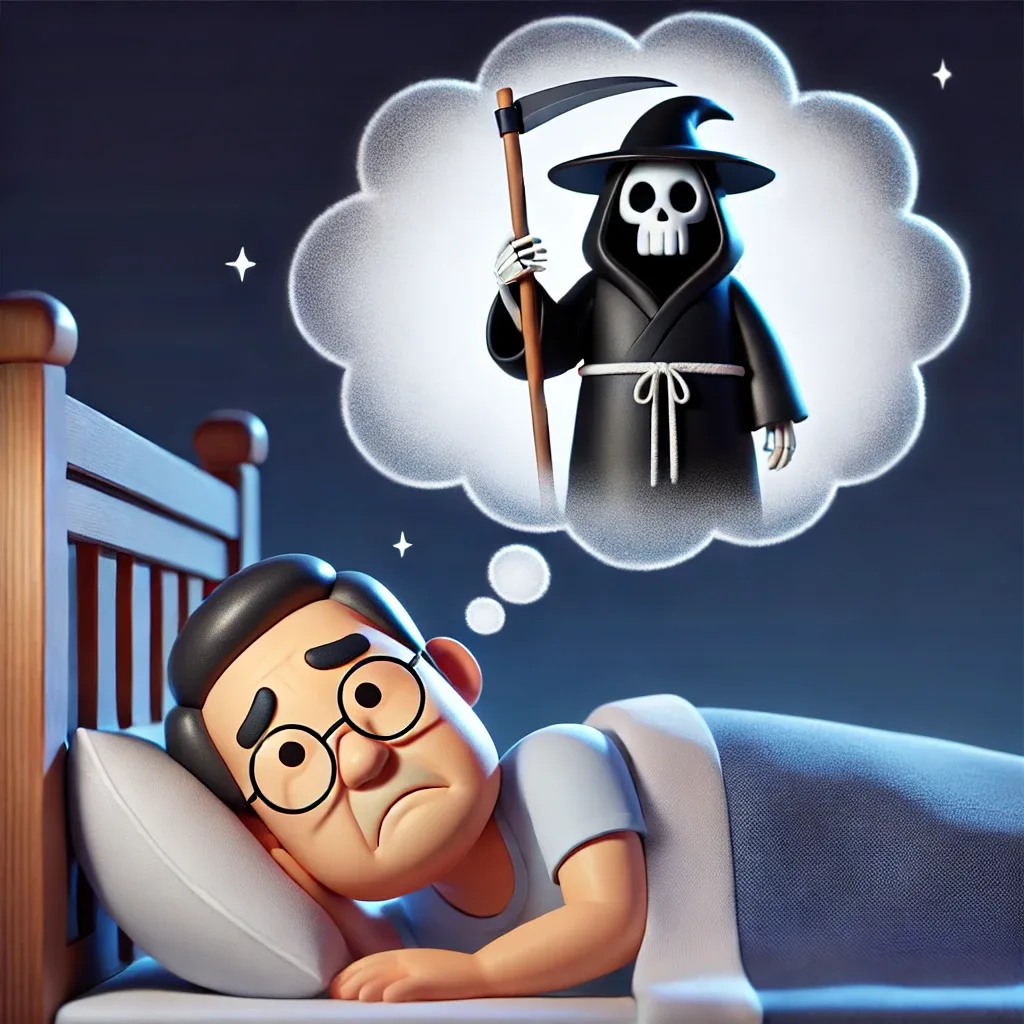 3D 스타일의 중년 한국 남성이 저승사자 꿈을 꾸는 장면을 묘사한 디지털 일러스트