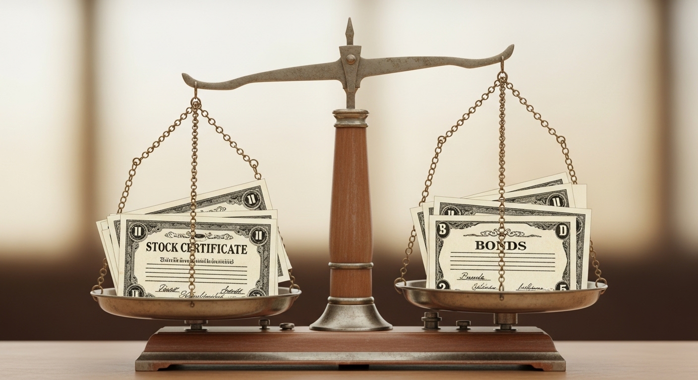 주식과 채권이 양팔 저울 위에 균형 있게 놓여있는 모습