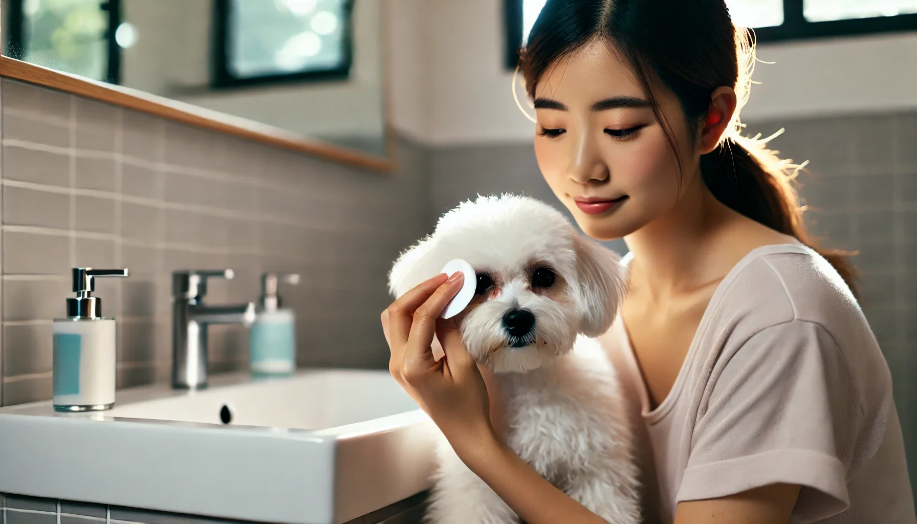 강아지 눈물자국 제거중인 보호자 모습